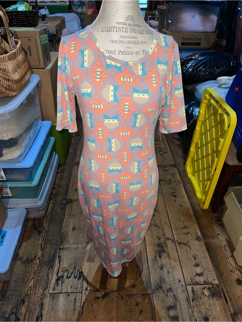 LuLaRoe Coral and Teal Geometric Midi Dress